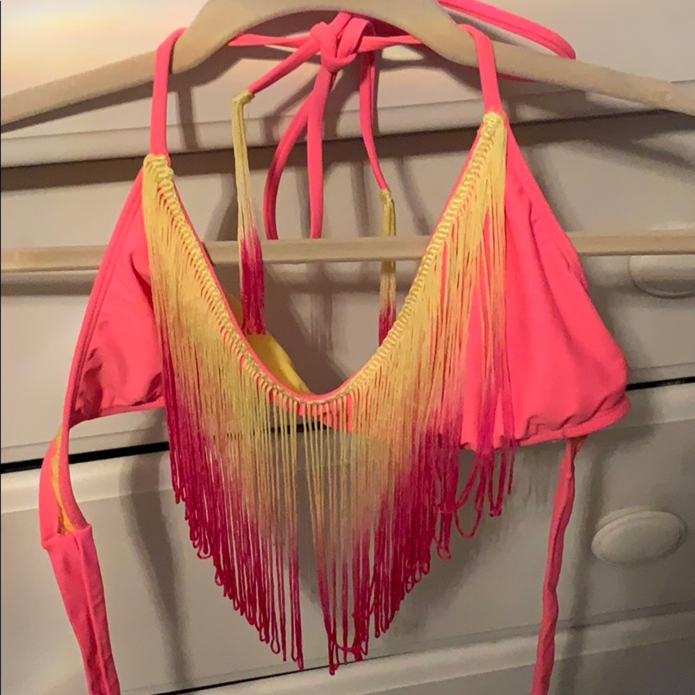 Two piece hot pink fringe bikini